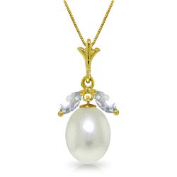 Genuine 4.5 ctw Pearl & Aquamarine Necklace Jewelry 14KT Yellow Gold - REF-24T5A