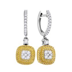 0.76 CTW Yellow Diamond Square Cluster Dangle Earrings 18KT White Gold - REF-132W2K