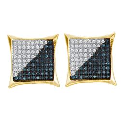 0.11 CTW Mens Blue Color Diamond Square Kite Cluster Earrings 10KT Yellow Gold - REF-8Y9X