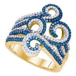 0.77 CTW Blue Color Diamond Wide Swirl Curl Cocktail Ring 10KT Yellow Gold - REF-67X4Y