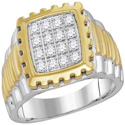 0.49 CTW Mens Diamond Notched Square Cluster Ring 10KT Two-tone Gold - REF-59Y9X