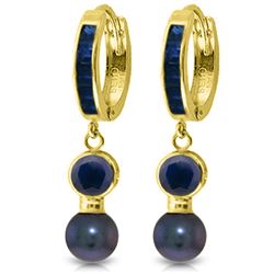 Genuine 4.65 ctw Sapphire & Black Pearl Earrings Jewelry 14KT Yellow Gold - REF-54A6K