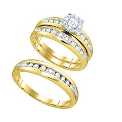 0.45 CTW Diamond Cluster Mens Matching Halo Trio Bridal Ring 10KT Yellow Gold - REF-49F5N