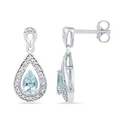 0.60 CTW Diamond & Created Aquamarine Teardrop Earrings 10KT White Gold - REF-25K4W