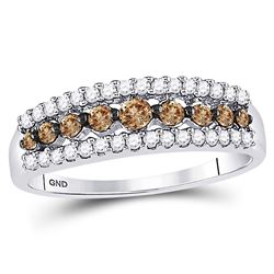 0.50 CTW Cognac-brown Color Diamond Triple Row Ring 10KT White Gold - REF-22F4N