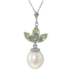 Genuine 4.75 ctw Green Amethyst & Pearl Necklace Jewelry 14KT White Gold - REF-24V3W