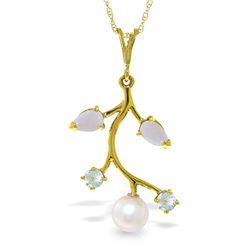 Genuine 2.45 ctw Opal, Aquamarine & Pearl Necklace Jewelry 14KT Yellow Gold - REF-30A2K