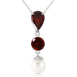 Genuine 5.25 ctw Garnet & Pearl Necklace Jewelry 14KT White Gold - REF-26Y6F