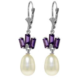 Genuine 9.35 ctw Pearl & Amethyst Earrings Jewelry 14KT White Gold - REF-26P6H