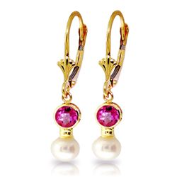 Genuine 2.7 ctw Pink Topaz & Pearl Earrings Jewelry 14KT Yellow Gold - REF-35X9M