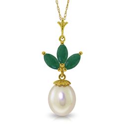 Genuine 4.75 ctw Emerald & Pearl Necklace Jewelry 14KT Yellow Gold - REF-26M2T