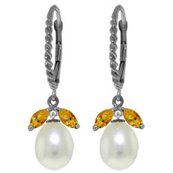 Genuine 9 ctw Citrine & Pearl Earrings Jewelry 14KT White Gold - REF-39R3P