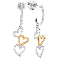 0.25 CTW Diamond Dangling Triple Heart Earrings 10KT Two-tone Gold - REF-26Y9X