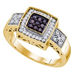 0.35 CTW Cognac-brown Color Diamond Square-shape Cluster Ring 10KT Yellow Gold - REF-30H2M