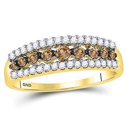 0.50 CTW Cognac-brown Color Diamond Triple Row Ring 10KT Yellow Gold - REF-22X4Y