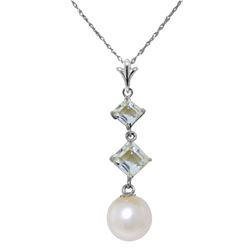 Genuine 3.25 ctw Pearl & Aquamarine Necklace Jewelry 14KT White Gold - REF-26W6Y