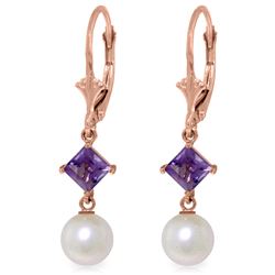 Genuine 5 ctw Pearl & Amethyst Earrings Jewelry 14KT Rose Gold - REF-29Z7N