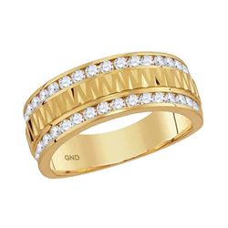 1 CTW Mens Channel-set Diamond Grecco Textured Double Row Ring 14KT Yellow Gold - REF-132M2H