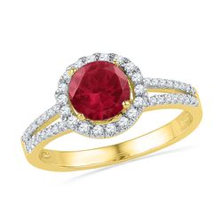 1.6 CTW Created Ruby Solitaire Diamond Halo Ring 10KT Yellow Gold - REF-30Y2X