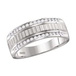 0.33 CTW Mens Channel-set Diamond Textured Wedding Ring 14KT White Gold - REF-64W4K