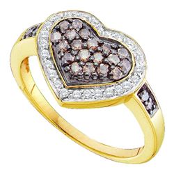 0.50 CTW Cognac-brown Color Diamond Framed Heart Cluster Ring 14KT Yellow Gold - REF-41K9W