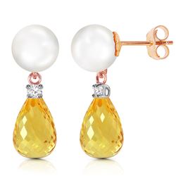 Genuine 6.6 ctw Pearl, Citrine & Diamond Earrings Jewelry 14KT Rose Gold - REF-27N6R