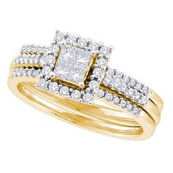 0.50 CTW Princess Diamond 3-Piece Halo Bridal Engagement Ring 14KT Yellow Gold - REF-79M4H