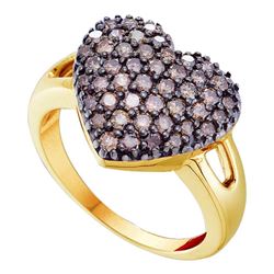 1 CTW Cognac-brown Color Diamond Heart Cluster Ring 14KT Yellow Gold - REF-59Y9X