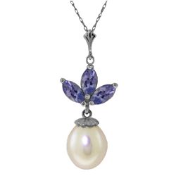 Genuine 4.75 ctw Tanzanite & Pearl Necklace Jewelry 14KT White Gold - REF-30X2M