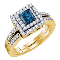 0.85 CTW Princess Blue Color Diamond Square Halo Bridal Ring 14KT Yellow Gold - REF-89M9H