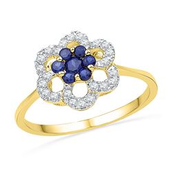 0.14 CTW Created Blue Sapphire & Diamond Flower Cluster Ring 10KT Yellow Gold - REF-16K4W
