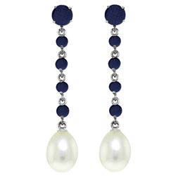 Genuine 10 ctw Sapphire & Pearl Earrings Jewelry 14KT White Gold - REF-37R8P