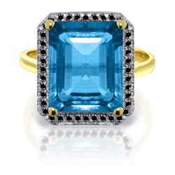 Genuine 7.8 ctw Blue Topaz & Black Diamond Ring Jewelry 14KT Yellow Gold - REF-81Z5N