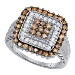 1 CTW Cognac-brown Color Diamond Square Cluster Ring 10KT White Gold - REF-52K4W