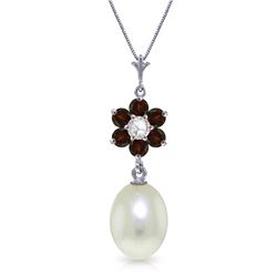 Genuine 4.53 ctw Pearl, Garnet & Diamond Necklace Jewelry 14KT White Gold - REF-29M7T