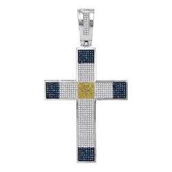 1.78 CTW Mens Blue & Yellow Color Diamond Roman Cross Charm Pendant 10KT White Gold - REF-104F9N