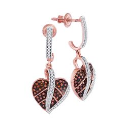 0.33 CTW Red Color Diamond Heart Dangle Screwback Earrings 10KT Rose Gold - REF-43F4N