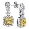 1.31 CTW Yellow Diamond Square Cluster Dangle Earrings 14KT White Gold - REF-127K4W