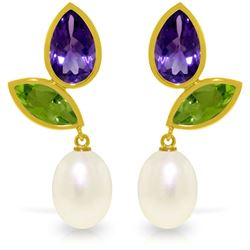Genuine 16.6 ctw Pearl, Peridot & Amethyst Earrings Jewelry 14KT Yellow Gold - REF-45X7M