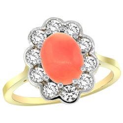 Natural 2.58 ctw Coral & Diamond Engagement Ring 14K Yellow Gold - REF-80N2G