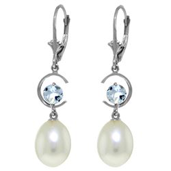 Genuine 9 ctw Pearl & Aquamarine Earrings Jewelry 14KT White Gold - REF-39H2X