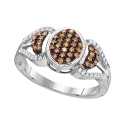 0.33 CTW Cognac-brown Color Diamond Oval Cluster Ring 10KT White Gold - REF-25F4N