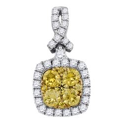 0.99 CTW Yellow Diamond Cluster Square Pendant 14KT White Gold - REF-89N9F