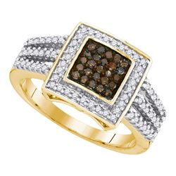 0.50 CTW Cognac-brown Color Diamond Square Cluster Ring 10KT Yellow Gold - REF-32M9H