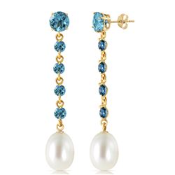 Genuine 10 ctw Blue Topaz & Pearl Earrings Jewelry 14KT Yellow Gold - REF-32M4T