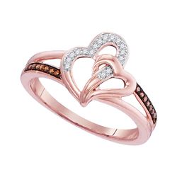 0.10 CTW Red Color Diamond Joined Heartss Ring 10KT Rose Gold - REF-19M4H
