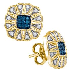 0.25 CTW Blue Color Diamond Square Starburst Cluster Earrings 10KT Yellow Gold - REF-26K9W