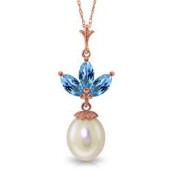 Genuine 4.75 ctw Blue Topaz & Pearl Necklace Jewelry 14KT Rose Gold - REF-24H3X