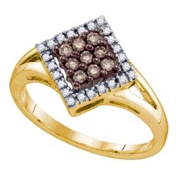 0.25 CTW Cognac-brown Color Diamond Square Cluster Ring 10KT Yellow Gold - REF-18H2M