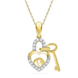 0.10 CTW Diamond Heart Lock Key Dangle Pendant 10KT Yellow Gold - REF-8F9N